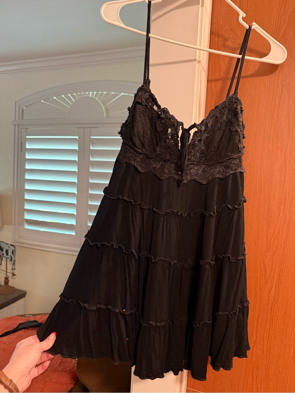 Black Lace-Trim Mini Slip Dress with Tiered Skirt